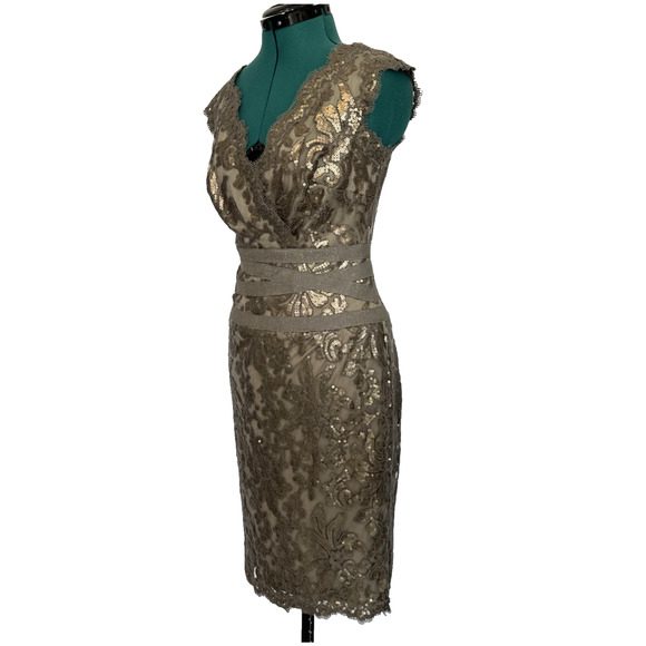 Tadashi Shoji Cocktail Dress Sequined Lace Smoked Pearl Grey‎ Bronze Size 4 - Picture 4 of 11
